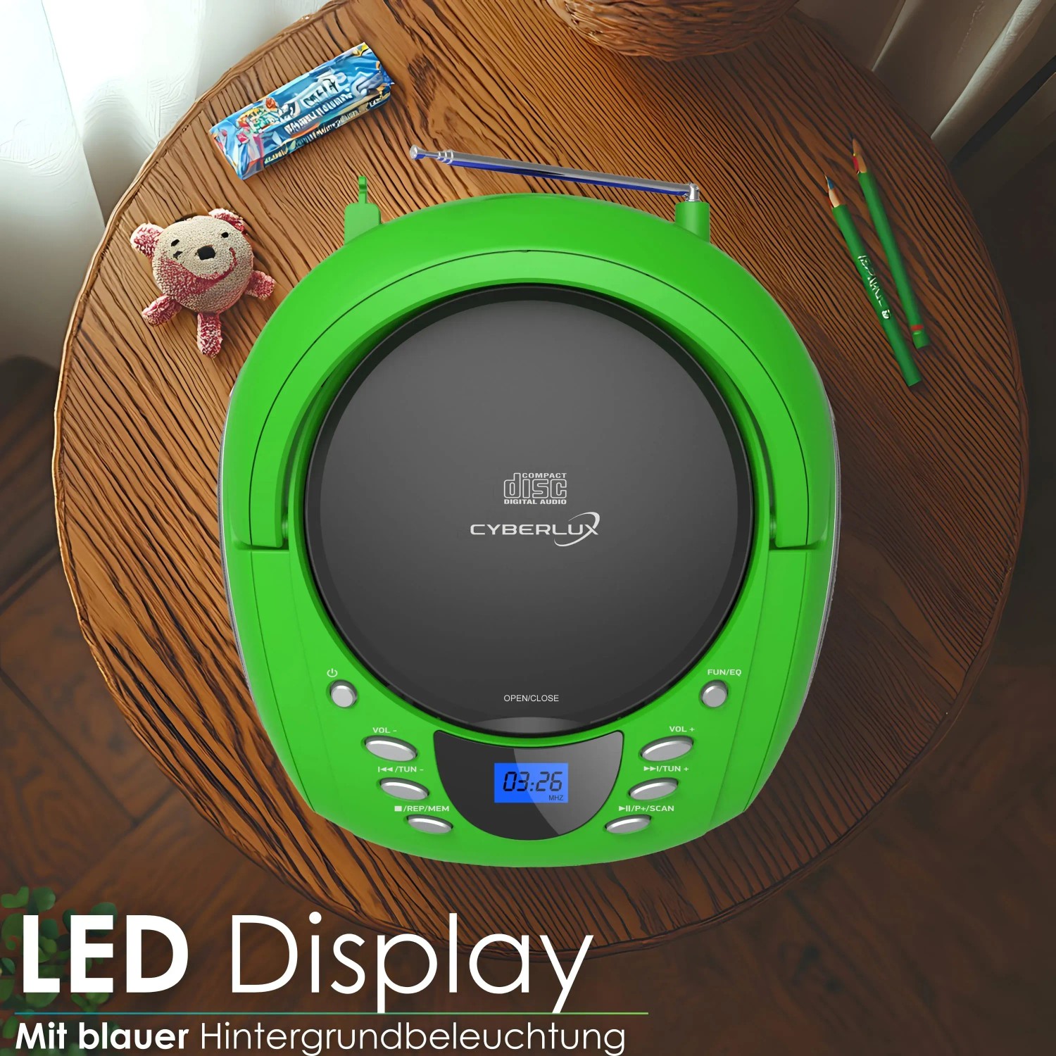 Grüner Cyberlux CL-700 CD/MP3-Player mit USB, Bluetooth, Radio und blauem LCD-Display. Tragbar mit Griff.