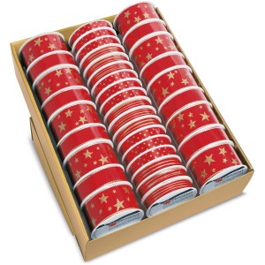 Sortiertes, rotes Geschenkband mit weihnachtlichen Motiven wie Sterne und Streifen.