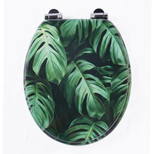 Sinobath WC-Sitz mit Absenk-Automatik, grünes Monstera Blätter Muster.