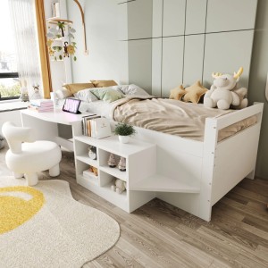 Weißes Merax Kinderbett 90x200cm mit integriertem Schreibtisch, Stauschränken und Steckdose. Perfekt für Kinderzimmer.