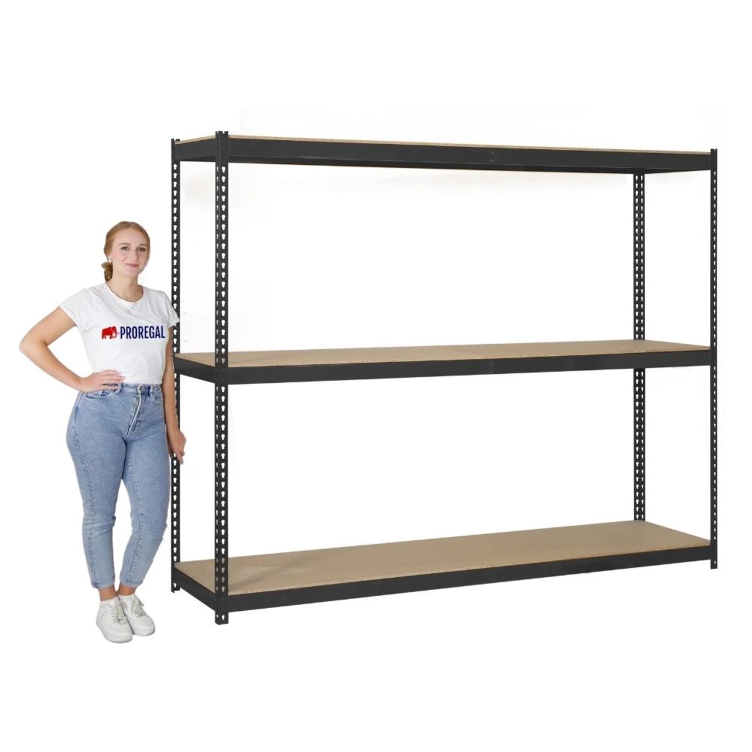 PROREGAL Schwerlastregal Wood Yeti, 200x180x75 cm, anthrazit, mit 3 Böden und einer Traglast von 400 kg pro Boden.