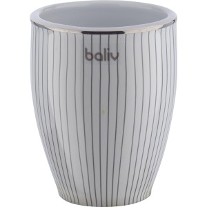 Weiß-grauer Zahnputzbecher aus Keramik mit feinen Linien von baliv.