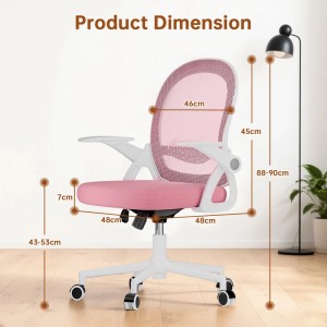 Rosa ergonomischer Drehstuhl mit Netzrücken, klappbaren Armlehnen und Maßen. Höhenverstellbarer Bürostuhl für Komfort.