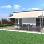 Sandfarbenes Toldoro Sonnensegel Komplettset 5x4m mit Edelstahl-Halterung und Mast über einer Terrasse.