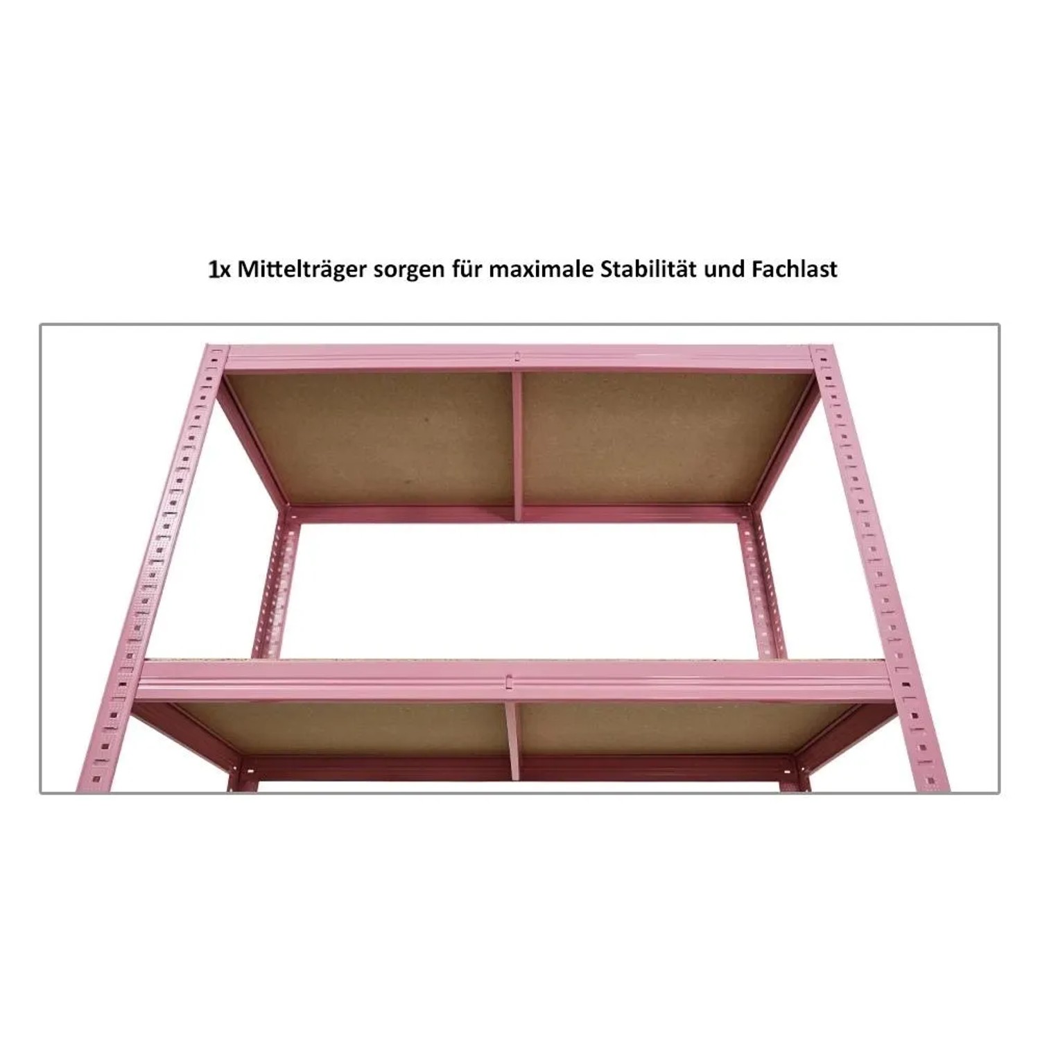 Detailansicht: Pinkes Schwerlastregal mit 2 Ebenen. Ideal als Kellerregal oder Garagenregal.