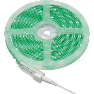 Aufgerolltes LED-Flexband RGB, 5 m, mit Fernbedienung und Zubehör.