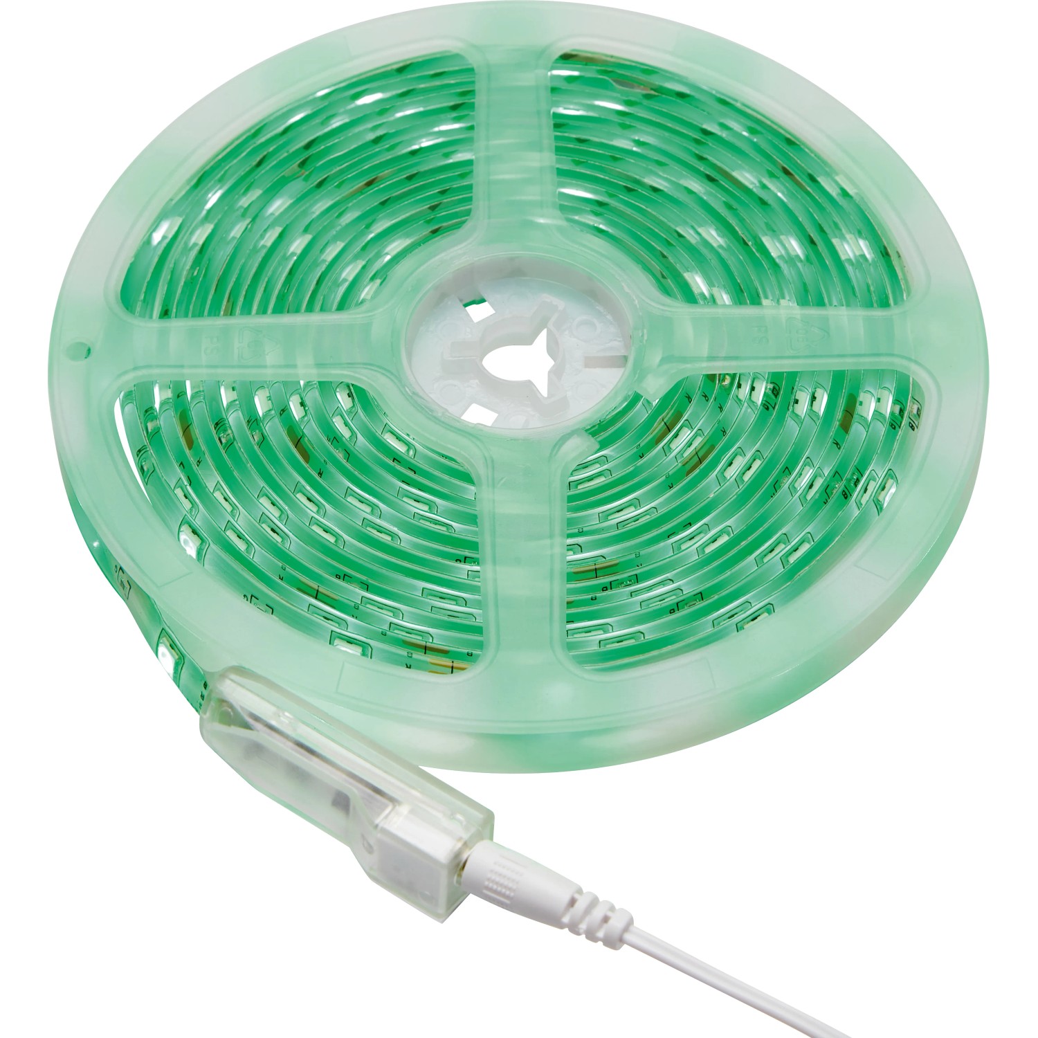 Aufgerolltes LED-Flexband RGB, 5 m, mit Fernbedienung und Zubehör.