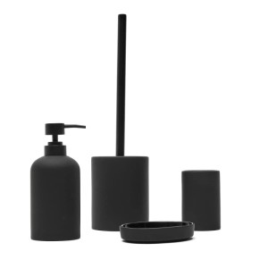 4-teiliges Badaccessoires Set aus schwarzer matter Keramik: Seifenspender, WC-Garnitur, Seifenablage, Zahnbürstenbecher.