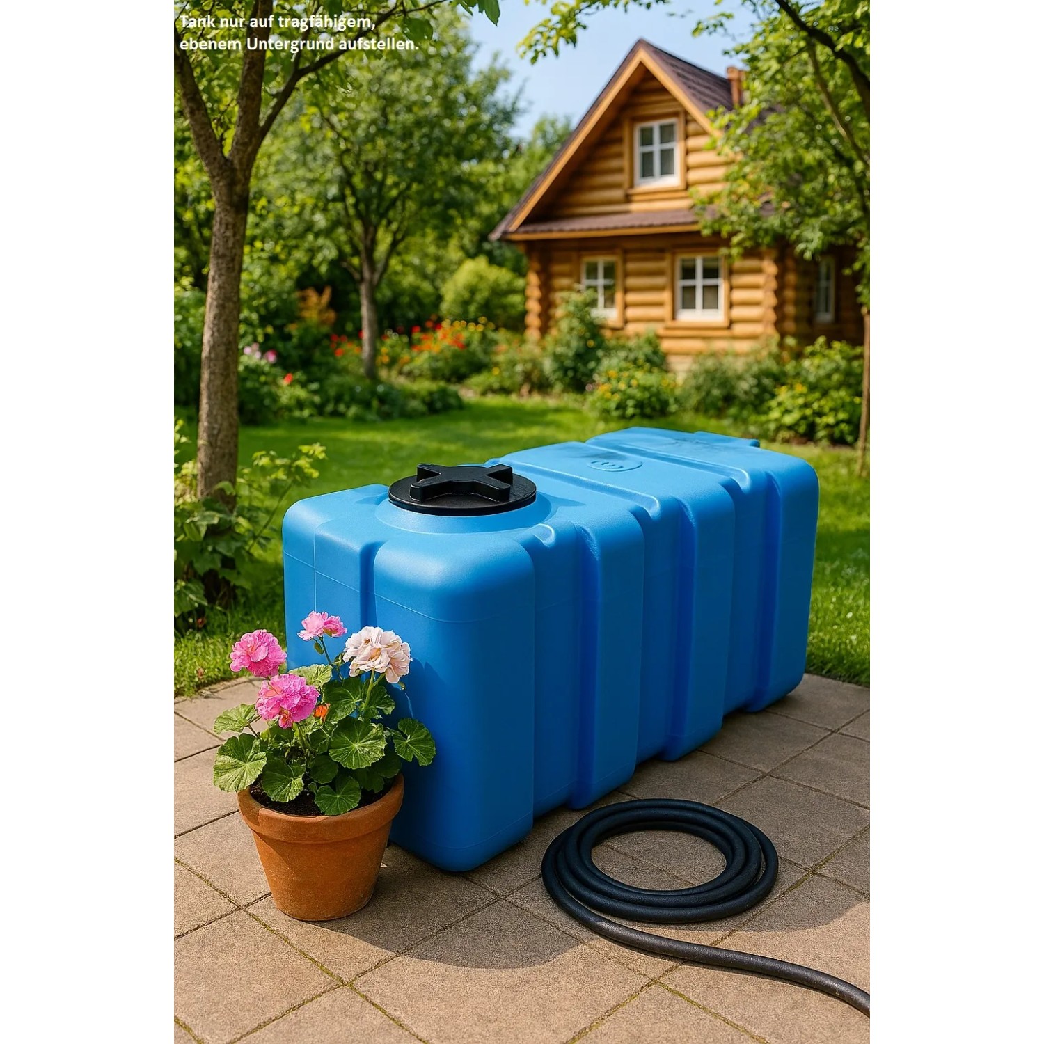 Blauer KMND 200L Rechteck-Wassertank für Trinkwasser im Garten, mit schwarzem Deckel und Schlauch auf Terrasse.