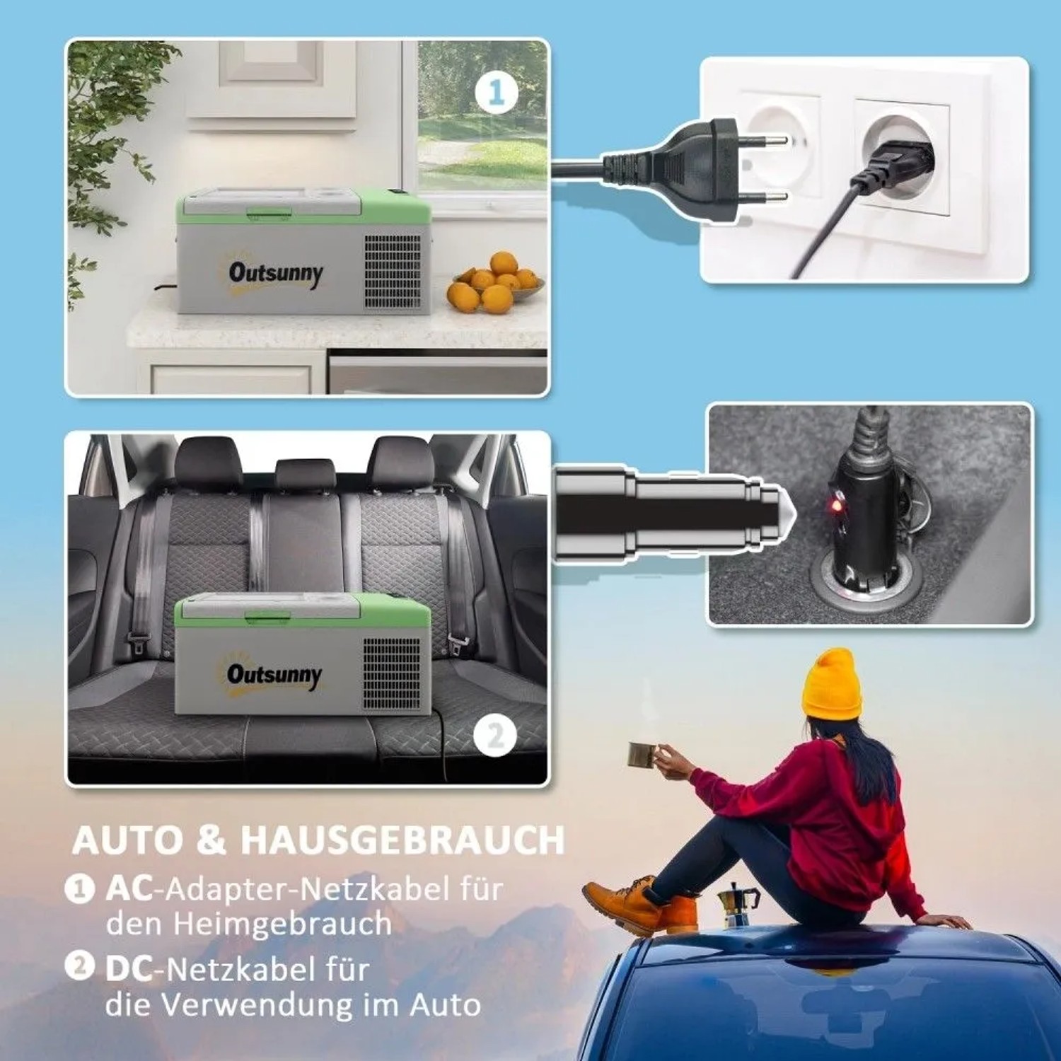 Outsunny Kompressor Kühlbox grau/grün im Auto und zu Hause, mit AC- und DC-Anschluss. Ideal für Camping und Reise.