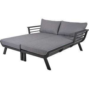Anthrazitfarbene Garden Pleasure Doppelliege Delia mit grauen Kissen und Auflagen.