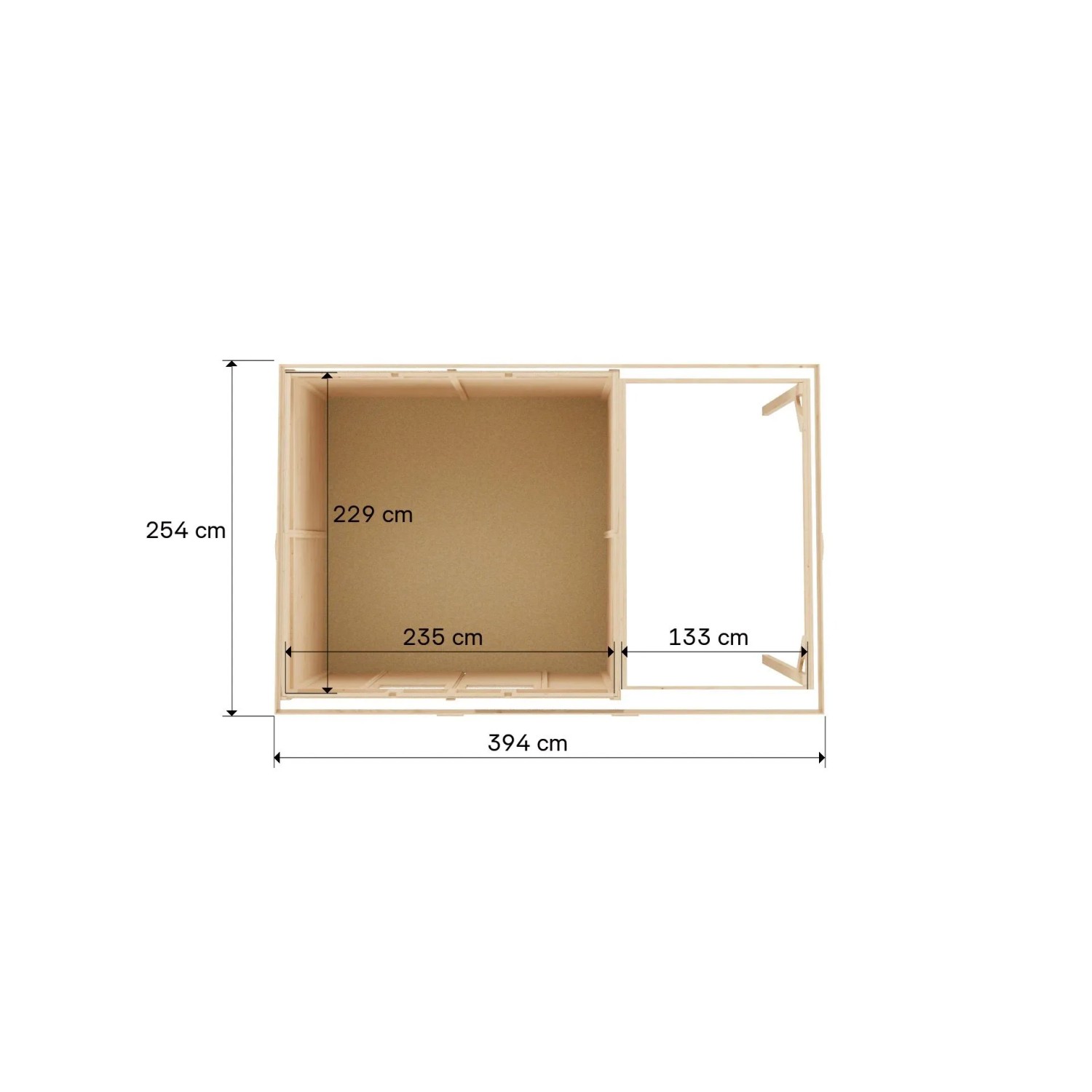 Draufsicht des Bertilo Elementgartenhauses Amrum 4 Plus XL aus Holz mit Maßangaben.