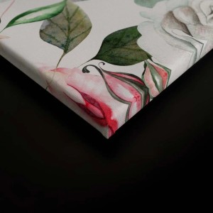 Detailansicht Leinwandbild mit Blumen und Vögeln in Rosa und Grün.