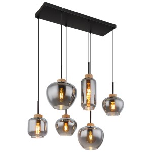 Globo Hängeleuchte, 6-flammig, schwarz/rauchfarben/natur, Pendelleuchte mit Glasschirmen.