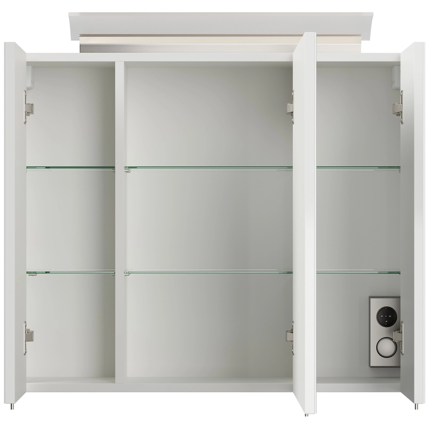 Offener, weißer Posseik Spiegelschrank 75 cm mit LED-Lampe und Glasböden.