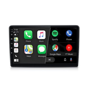 Schwarzes Junsun Autoradio mit 9-Zoll-Touchscreen. Display zeigt Navi, Musik und Telefon-Apps. Autoelektrik.