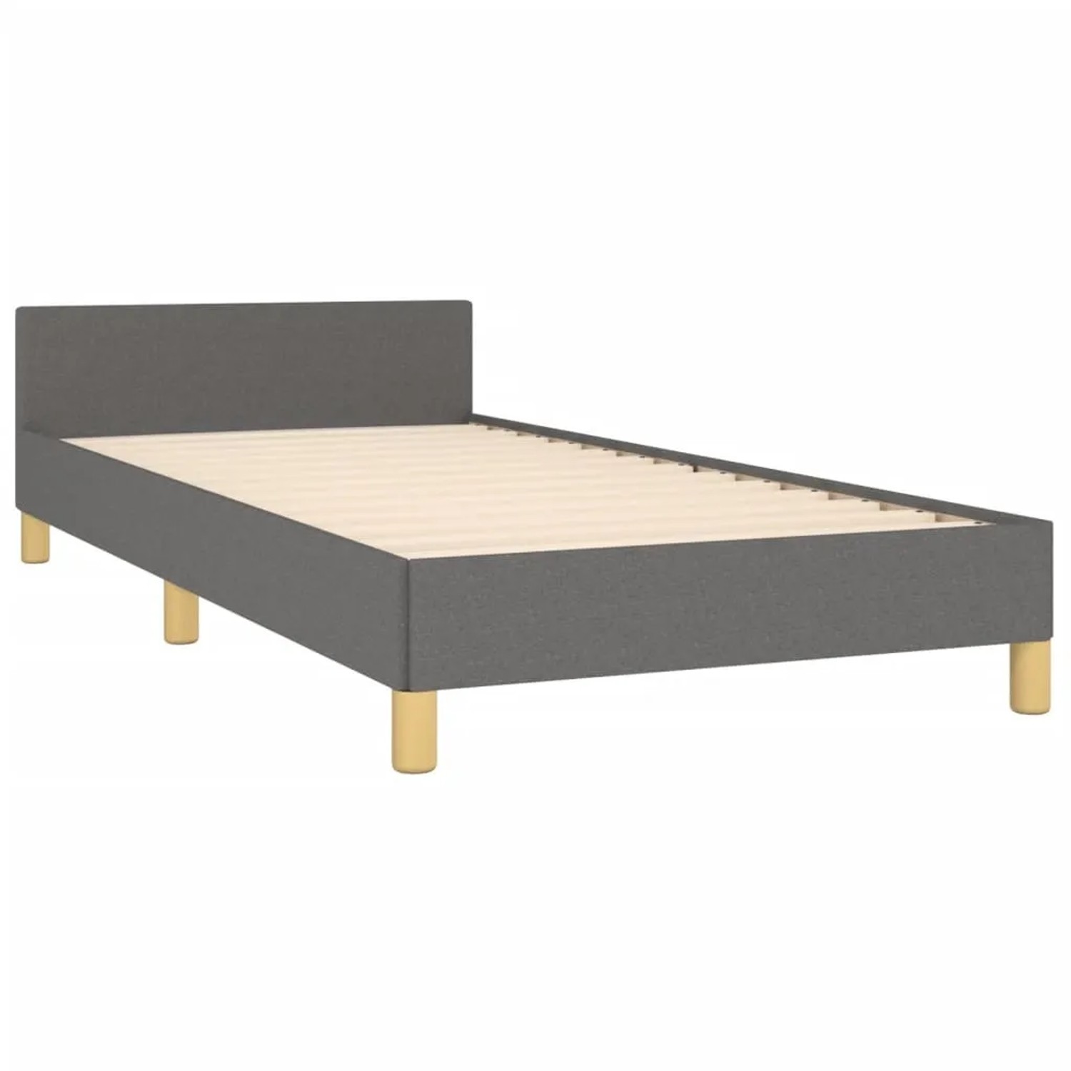Dunkelgraues Stoff-Bettgestell 90x190 cm mit Kopfteil für erholsamen Schlaf.