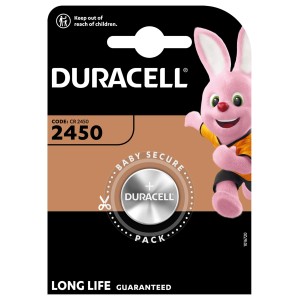 Duracell CR2450 Lithium Knopfzelle in kindersicherer Verpackung.