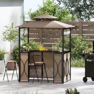 Costway Grillpavillon mit Bar, 2 Hockern und Doppeldach in Braun.