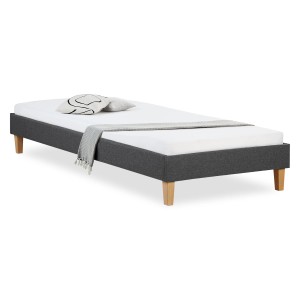 Graues Polsterbett 90x200 cm mit Lattenrost und Holzfüßen. Schlichtes Design für Schlaf- oder Jugendzimmer.
