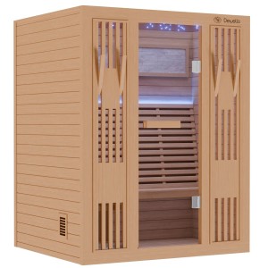 Dewello Finnische Sauna Minto aus Hemlockholz mit Harvia Ofen und LED-Beleuchtung.