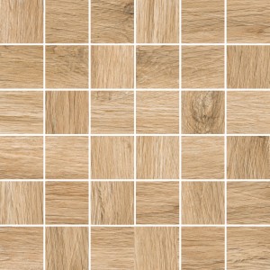 Mosaikfliese Oak Cream, 30x30 cm, Feinsteinzeug in Holzoptik, quadratisches Muster.