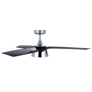 Energiespar Deckenventilator Bronx mit LED, Chrom-Gehäuse und schwarzen Flügeln.