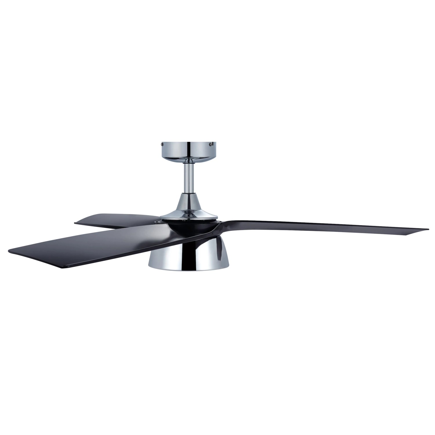 Energiespar Deckenventilator Bronx mit LED, Chrom-Gehäuse und schwarzen Flügeln.
