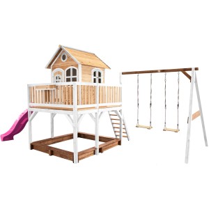 Axi Liam Spielhaus mit Doppelschaukel, braun-weiß mit lila Rutsche. Holzspielhaus mit Schaukel und Sandkasten.