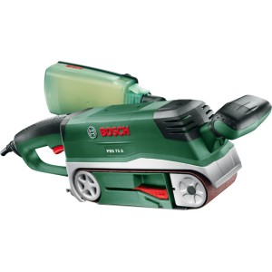Grüner Bosch Bandschleifer PBS 75 A mit Staubfangbox. Leistungsstarke Schleifmaschine für Holz, Kunststoff, Metall.