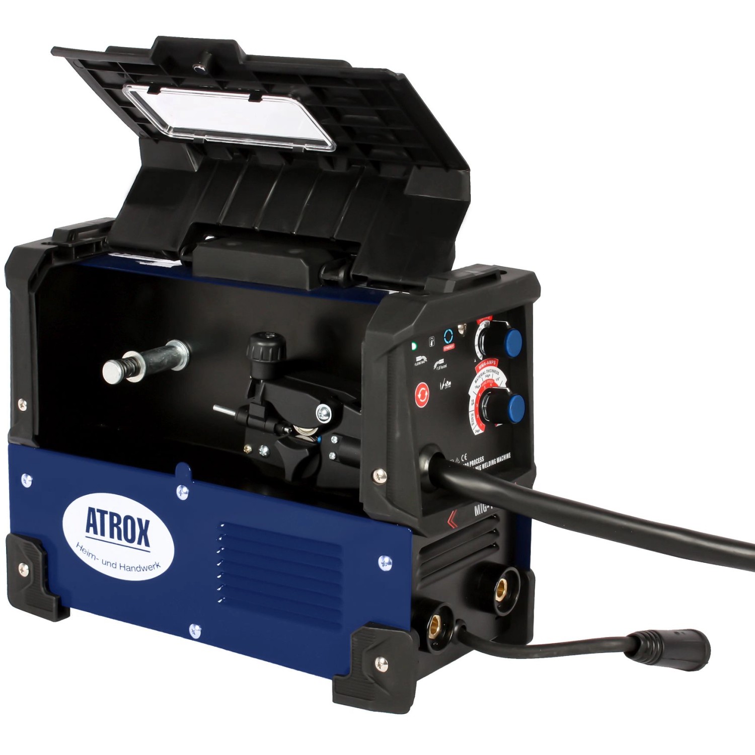 Atrox Mini-MIG 140 Schweißgerät 5in1, blau, mit geöffnetem Fach für Schweißdrahtrolle.