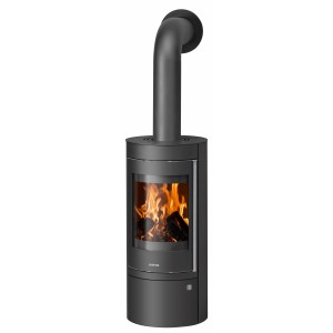 Schwarzer Justus Kaminofen Mino 2.0 aus Stahl, 5 kW, mit Holzfach und Sichtfenster.