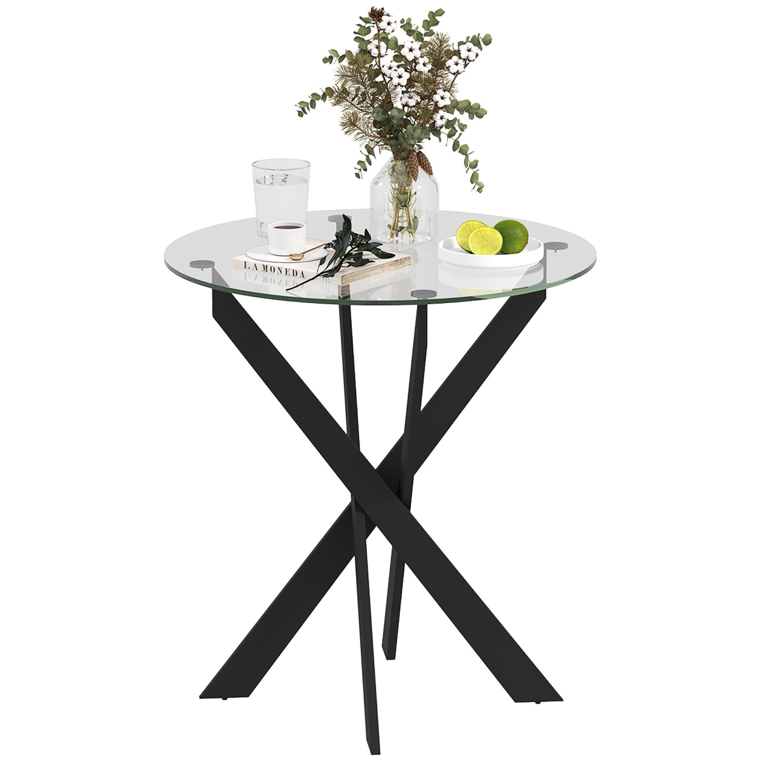 HOMCOM Esstisch für 4 Personen Hartglas Stahl Schwarz Ø70 x 75H cm