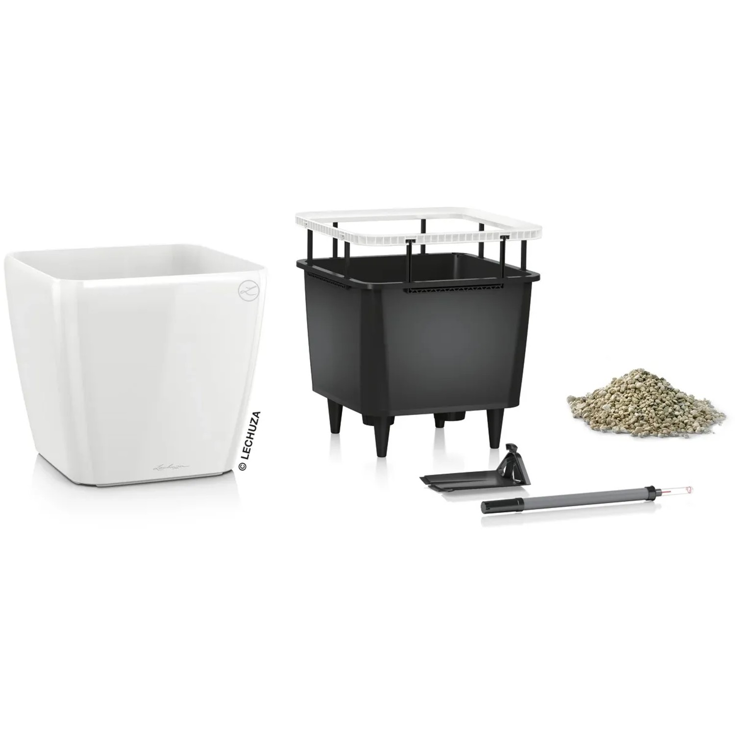 Lechuza Quadro Premium LS, 43 cm, weiß hochglanz, mit Pflanzeinsatz, Bewässerungssystem und Zubehör.