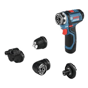 Bosch Professional Akku-Bohrschrauber GSR 12V-15 FC mit vier Aufsätzen für vielseitige Anwendungen.