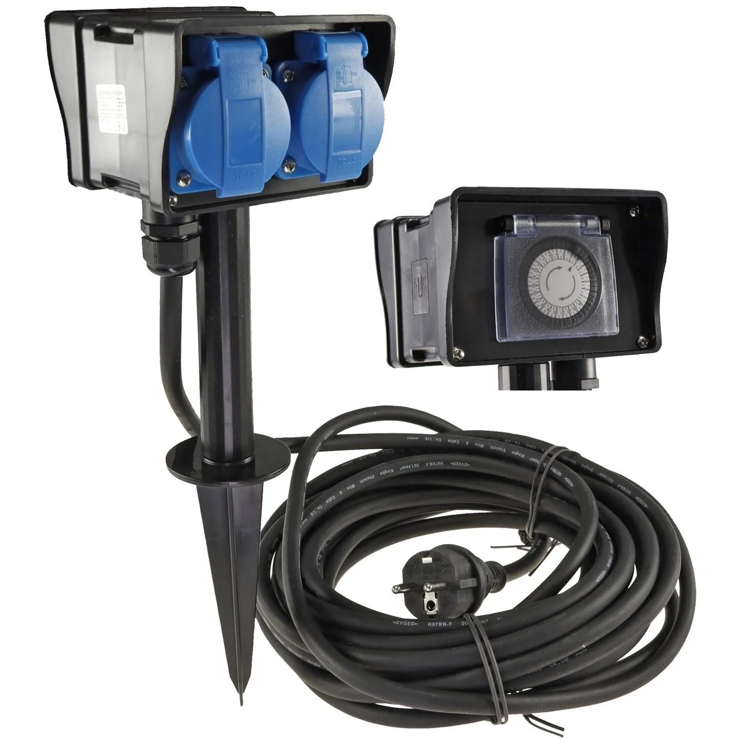 ChiliTec Gartensteckdose Mit Erdspieß 2Fach IP44 2m Kabel Zeitschaltuhr