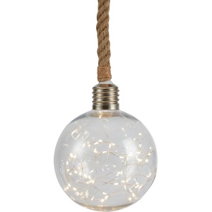 Hängende LED-Dekoleuchte in Kugelform mit Seilaufhängung und warmweißen LEDs.
