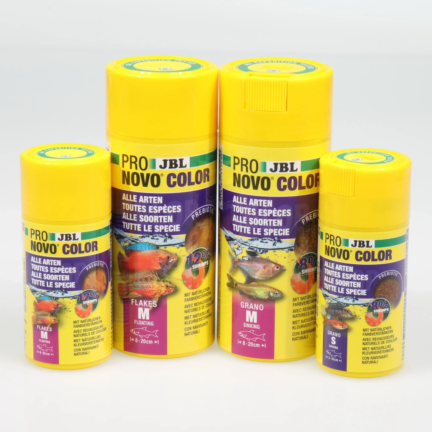 Jbl Pronovo Color Flakes M, Fischfutter für Aquarienfische, verschiedene Größen in gelben Dosen.