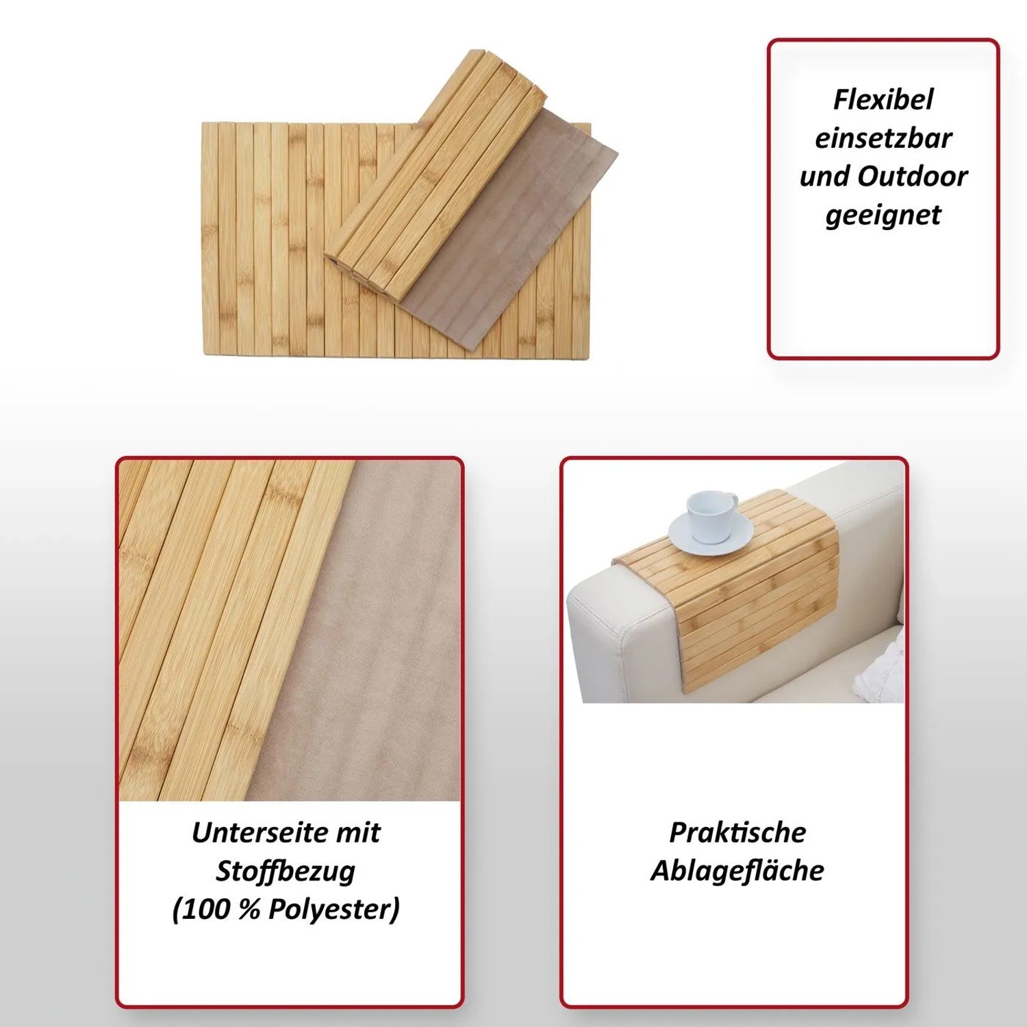 Flexibles Bambus Tischset 45x30cm, abwaschbar, mit Stoffbezug. Ideal als Platzdeckchen oder Ablage für Sofa.