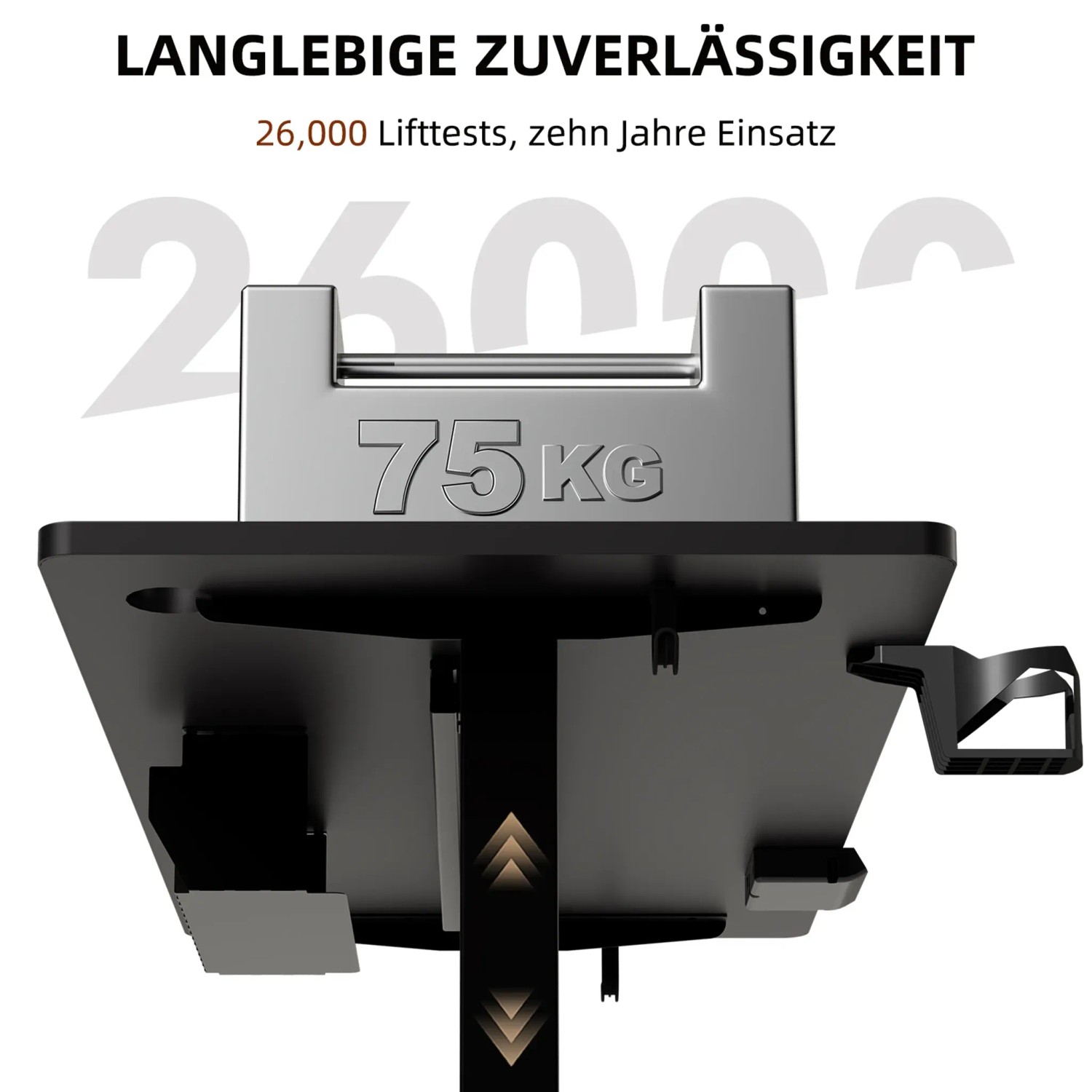 Detailansicht HOMAVO Schreibtisch: Stabilitätstest mit 75 kg Gewicht auf schwarzer Tischplatte.