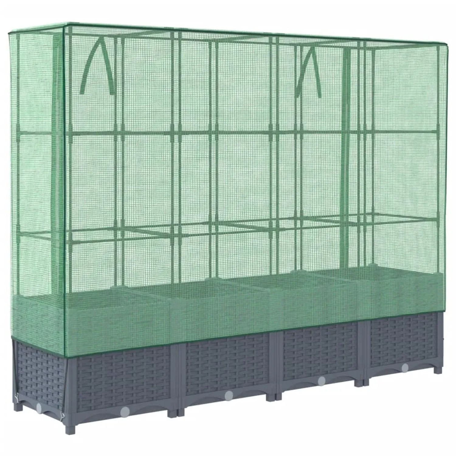 Dunkelgraues vidaXL Hochbeet mit Gewächshaus-Aufsatz in Rattan-Optik.