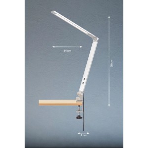 Alufarbene Fischer & Honsel LED-Klemmleuchte Geri, 38 cm hoch, an Tischplatte befestigt.