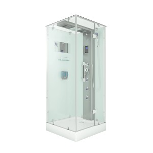 AquaVapore Komplettdusche 90x90 cm mit weißen Rückwänden und Regendusche.