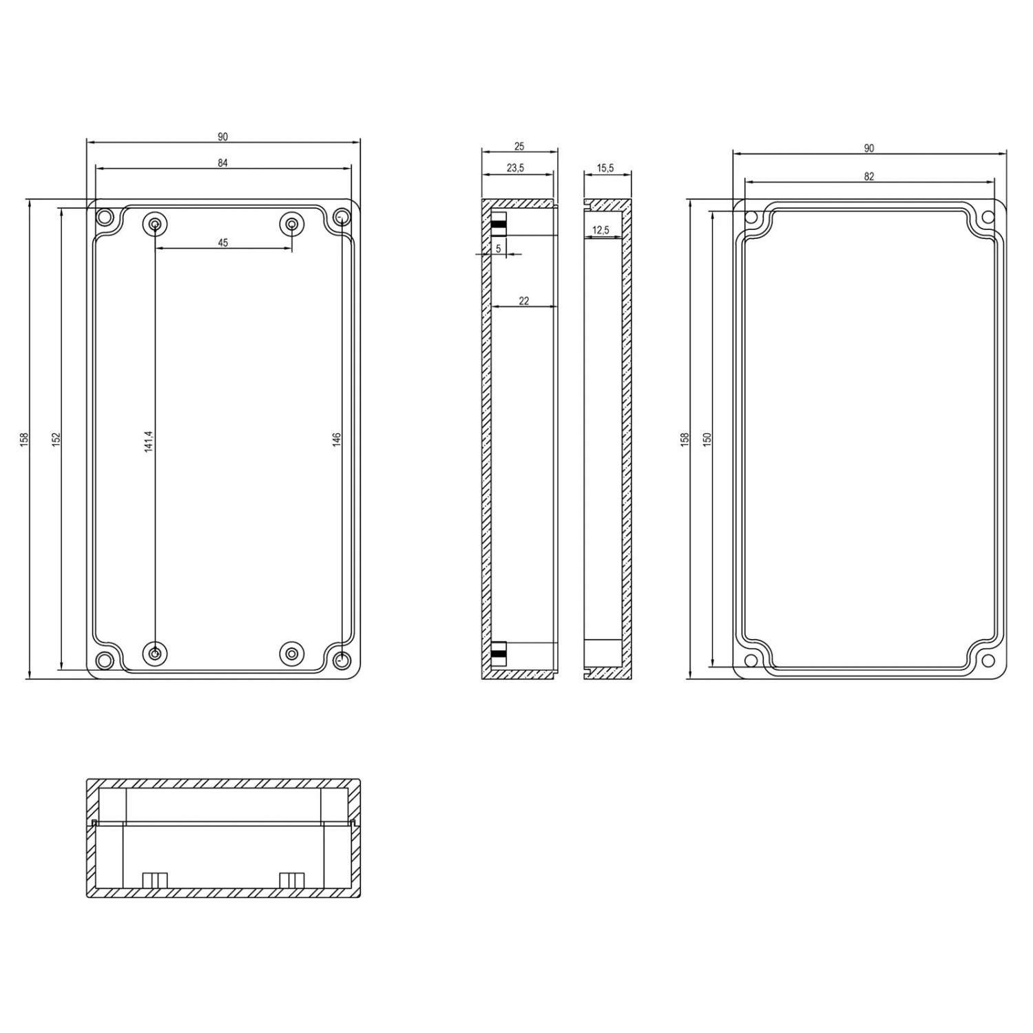 Technische Zeichnung: Lichtgraues Blanko Modulgehäuse IP65, 158x90x40mm, für Elektroinstallation.