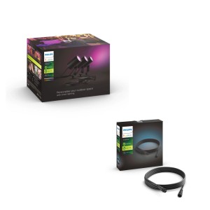 Philips Hue Lily Gartenstrahler Set mit 3 schwarzen smarten Leuchten und 5m Verlängerungskabel für farbiges Außenlicht.