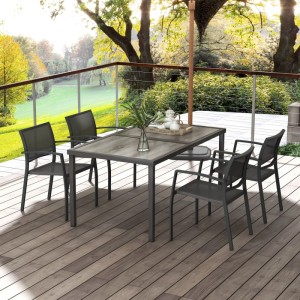 Outsunny Gartensitzgruppe Grau: rechteckiger Stahltisch mit Holzoptikplatte, 4 Mesh-Stühle auf Holzterrasse.