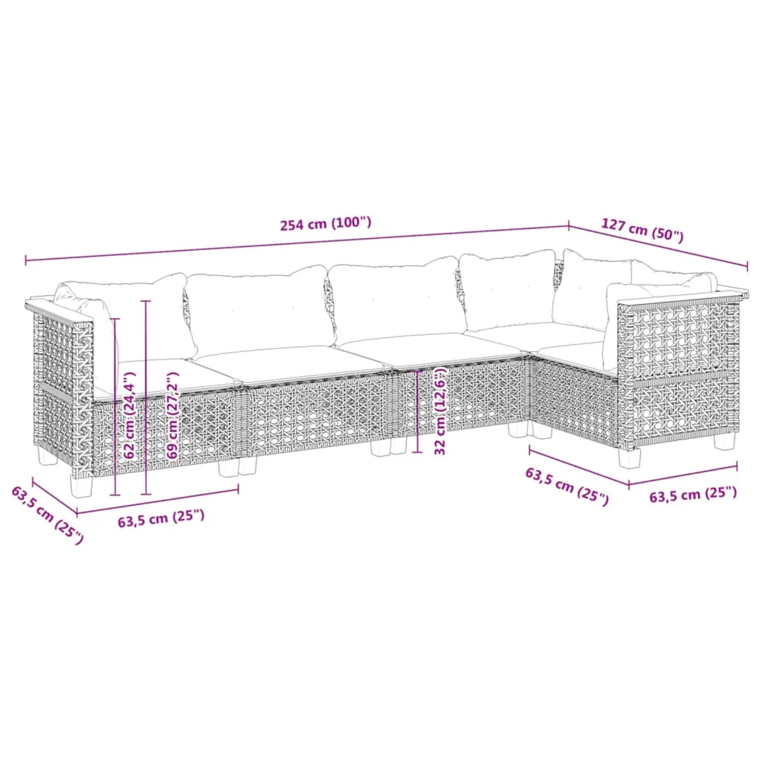 vidaXL 5-tlg. Garten-Sofagarnitur, schwarzes Poly Rattan mit Kissen, Maße dargestellt.