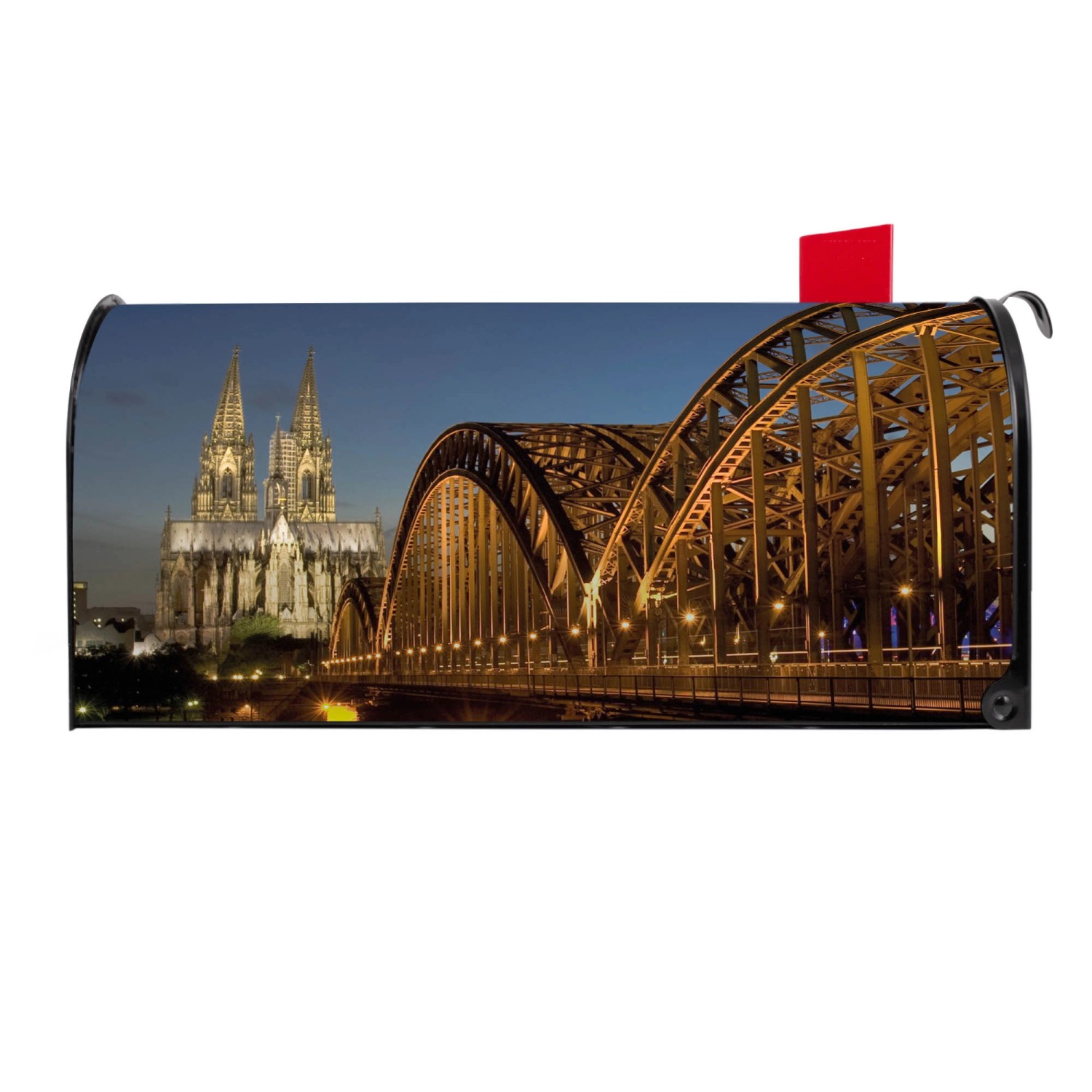 Schwarzer US Briefkasten mit Köln Motiv: Dom und Brücke bei Nacht. Stahl, pulverbeschichtet.