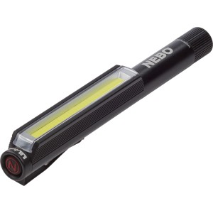 Schwarze NEBO Lil Larry LED Taschenlampe im Stiftformat mit Clip und Magnetfuß.