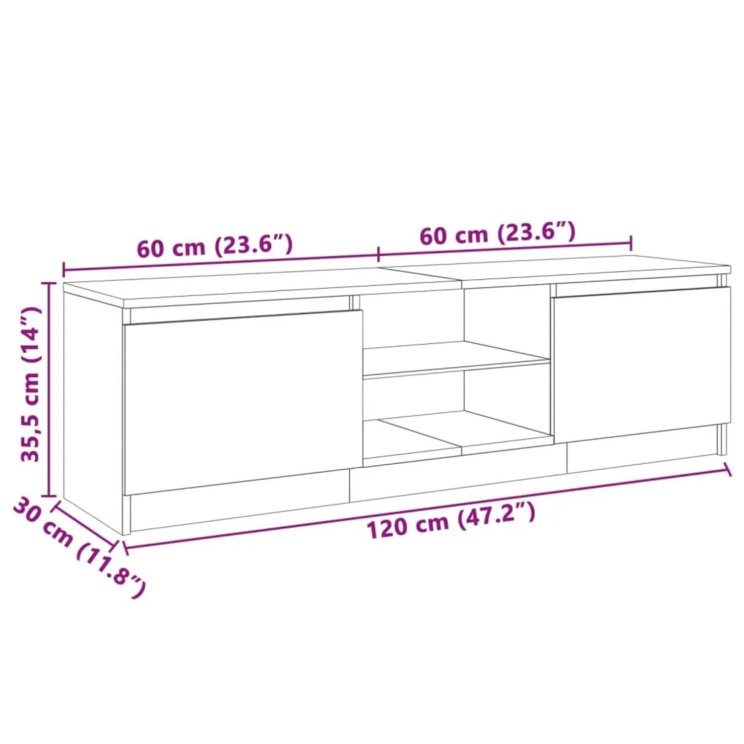 VidaXL TV-Schrank mit LED, Betongrau, 120 cm breit. Wohnwand Möbel mit Fächern und Türen.